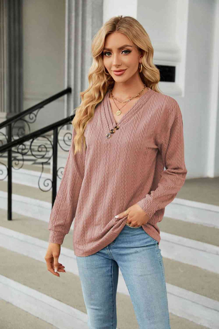 Decorative Button V-Neck Long Sleeve T-Shirt | 1mrk.com