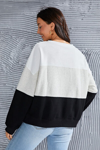 Color Block Round Neck Long Sleeve Sweatshirt |1mrk.com