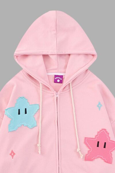 Star Drawstring Zip Up Dropped Shoulder Hoodie | Trendsi