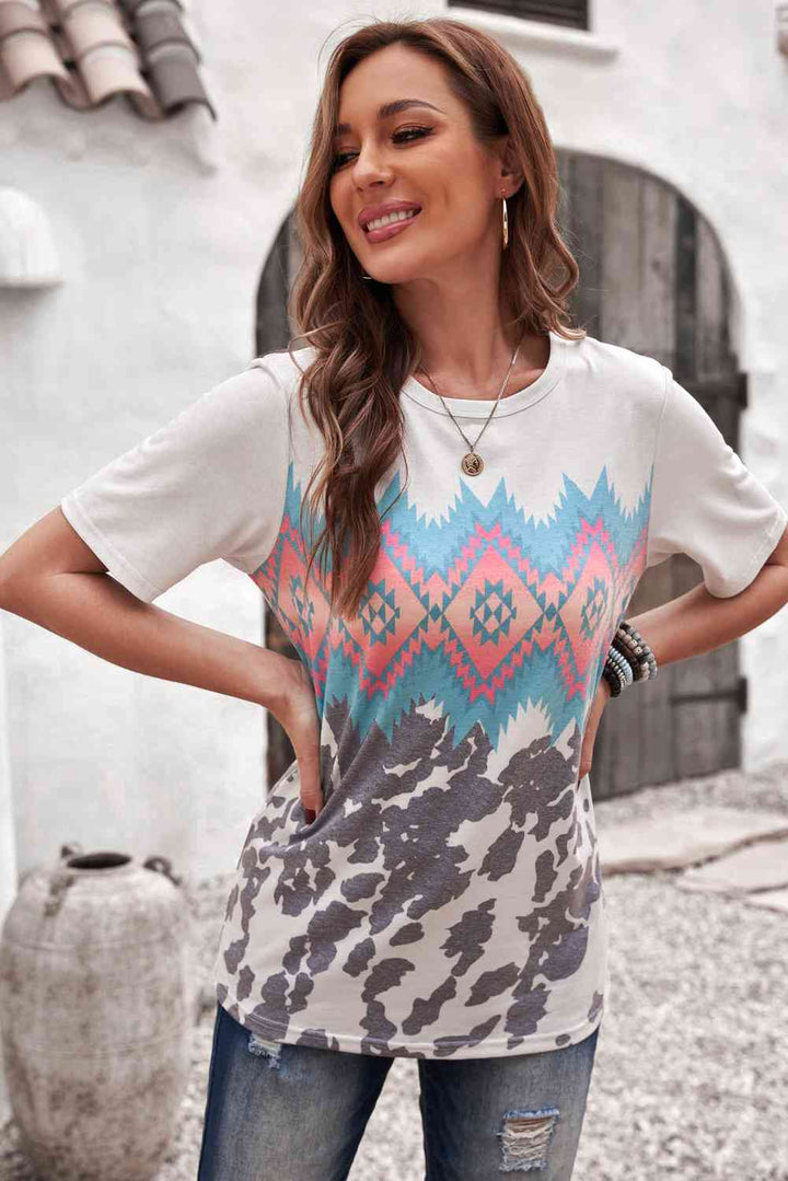 Printed Round Neck Tunic Tee | 1mrk.com