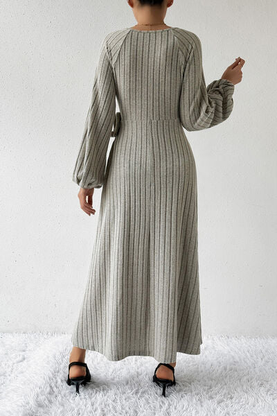 Surplice Tied Balloon Sleeve Midi Dress |1mrk.com