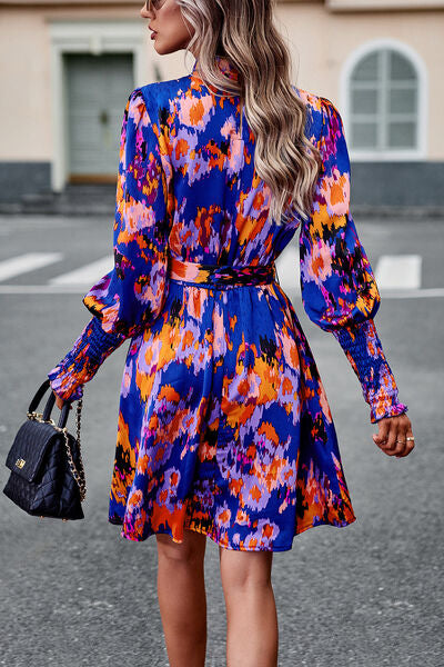 Printed Tie Waist Mock Neck Lantern Sleeve Dress |1mrk.com