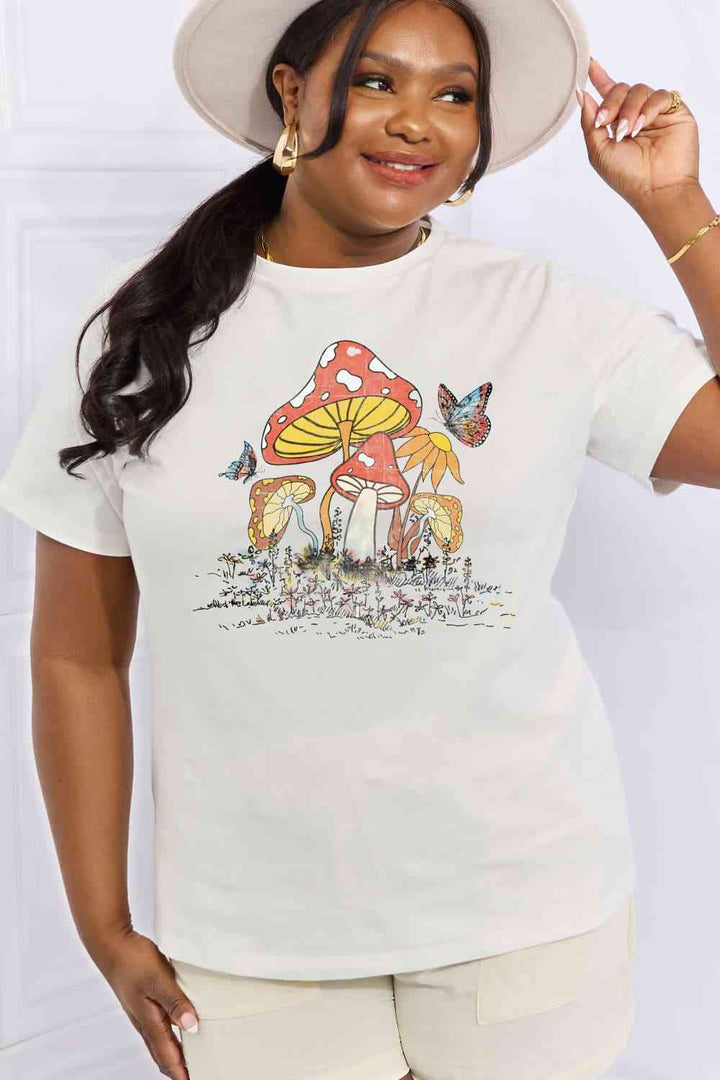 Simply Love Full Size Mushroom & Butterfly Graphic Cotton T-Shirt | 1mrk.com