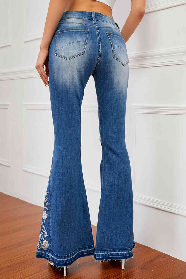 Full Size Flower Embroidery Distressed Jeans | 1mrk.com