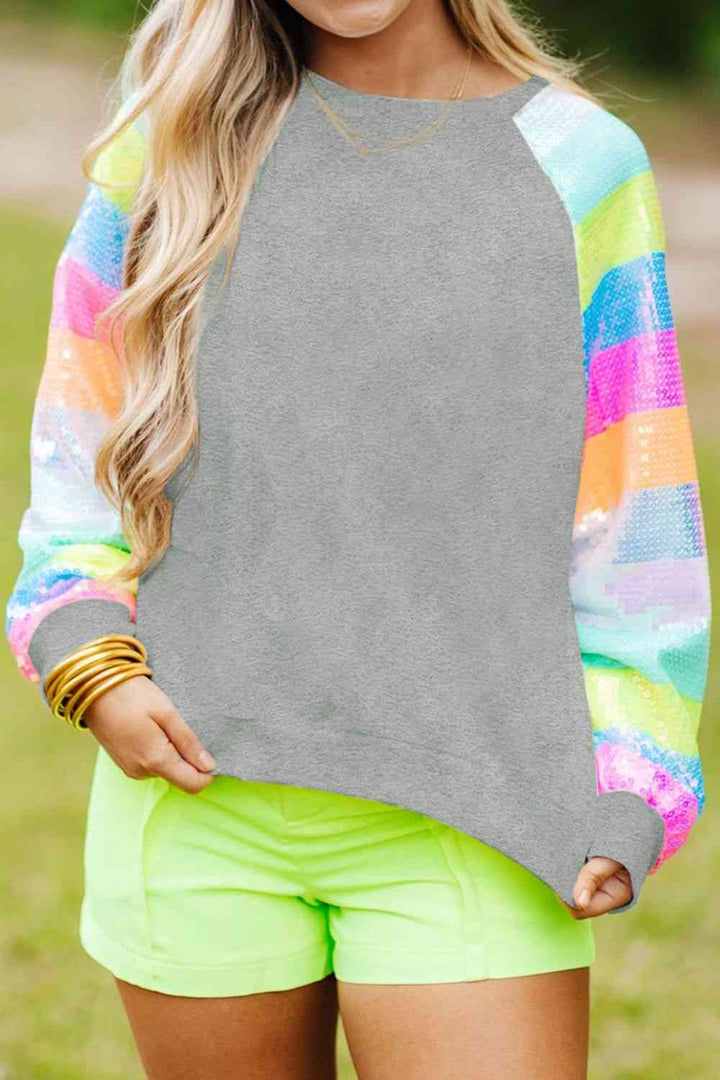 Sequin Round Neck Color Block  Sleeve Sweatshirt |1mrk.com