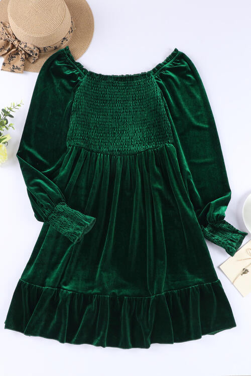 Square Neck Smocked Ruffle Hem Dress | 1mrk.com