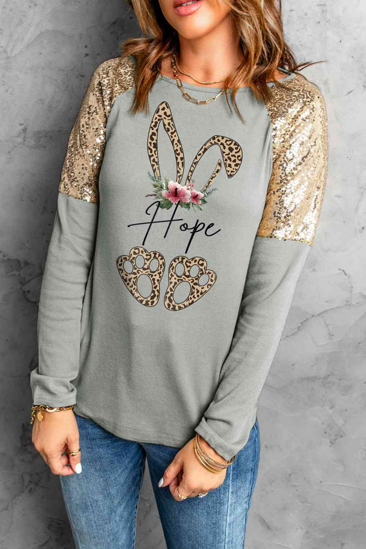 Leopard Sequin Round Neck Long Sleeve Top | 1mrk.com