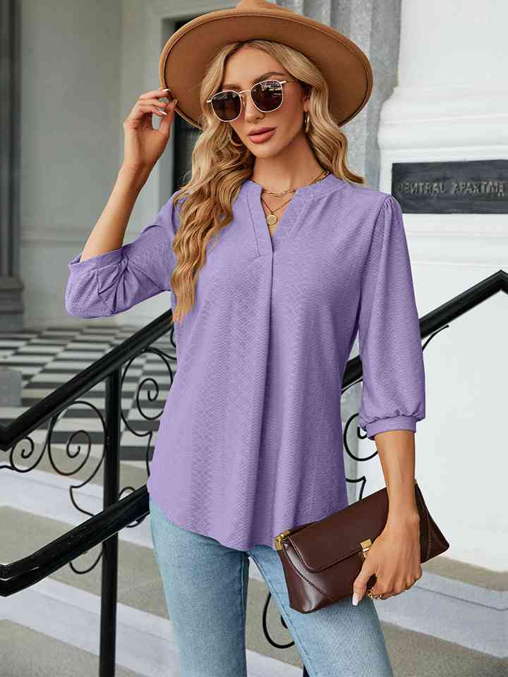 Notched Neck Three-Quarter Sleeve Blouse | 1mrk.com