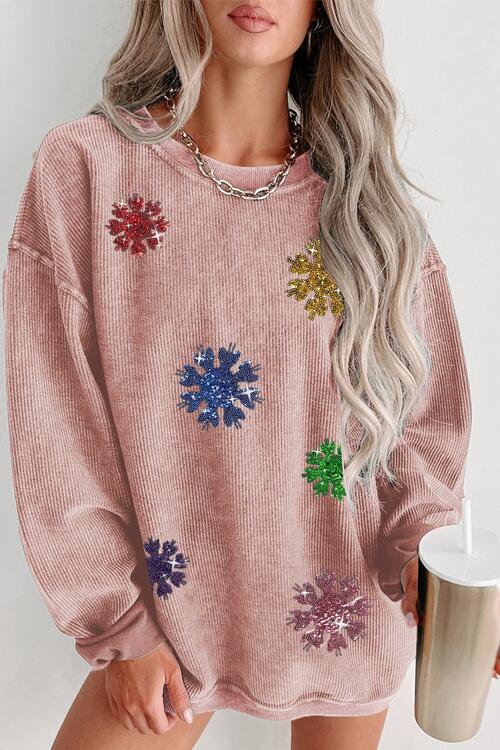 Sequin Snowflake Round Neck Sweatshirt | Trendsi