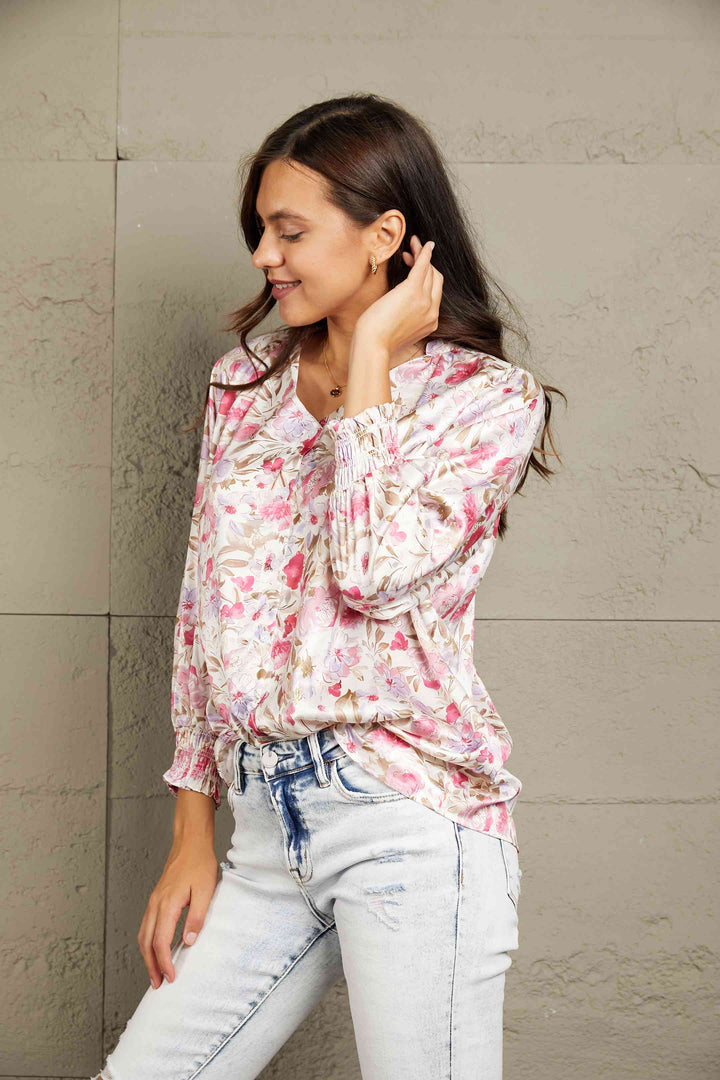 Double Take Floral V-Neck Long Sleeve Shirt |1mrk.com