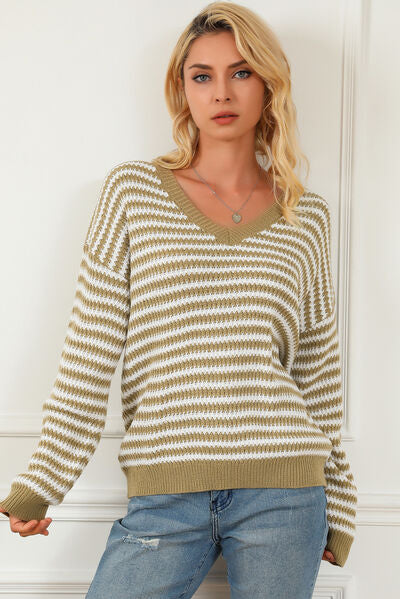 Striped V-Neck Dropped Shoulder Sweater |1mrk.com