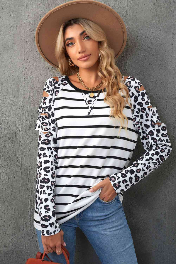 Leopard Print Striped Distressed Long Sleeve Tee | 1mrk.com