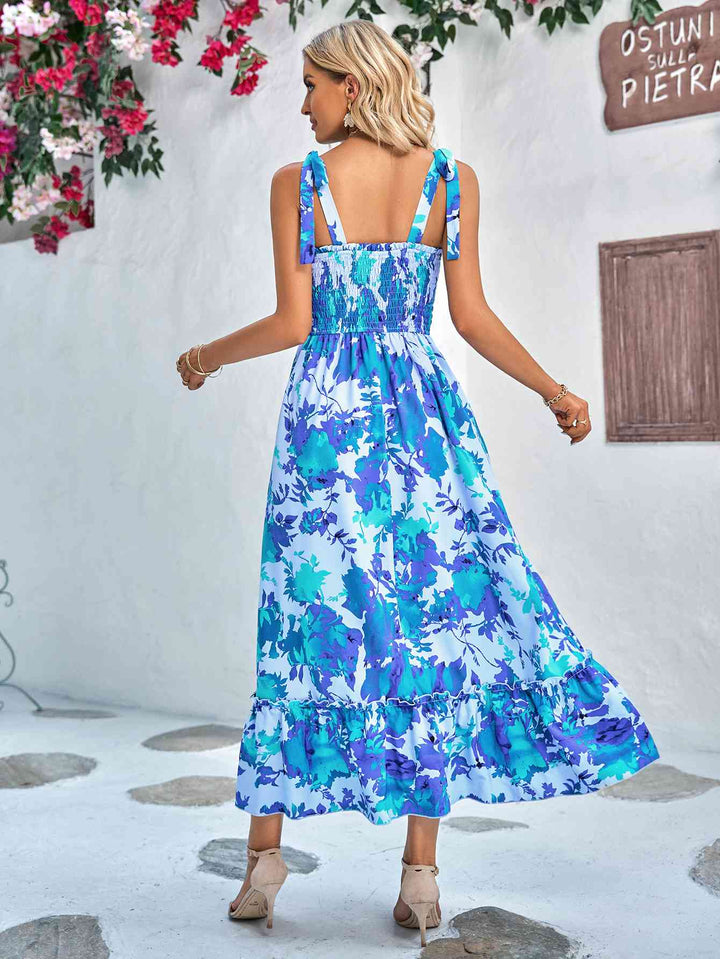 Floral Tie-Shoulder Frill Trim Smocked Dress |1mrk.com