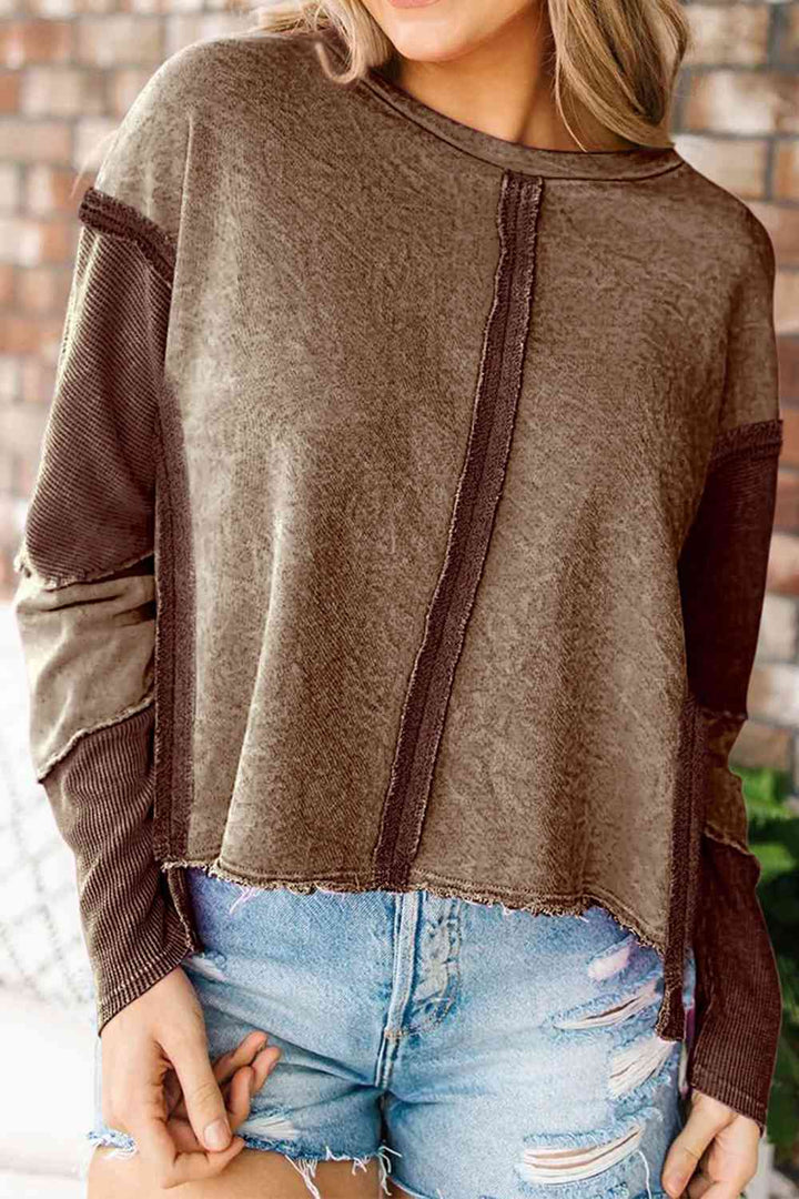 Full Size Exposed Seams Round Neck Dropped Shoulder Sweatshirt |1mrk.com