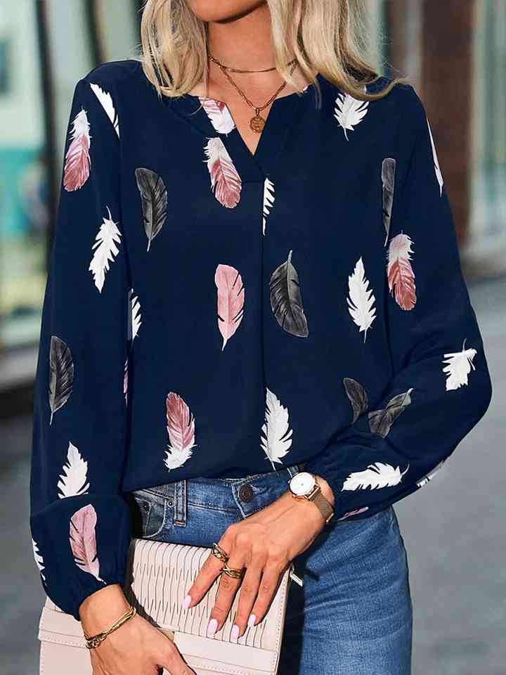 Printed Notched Neck Long Sleeve Blouse | 1mrk.com