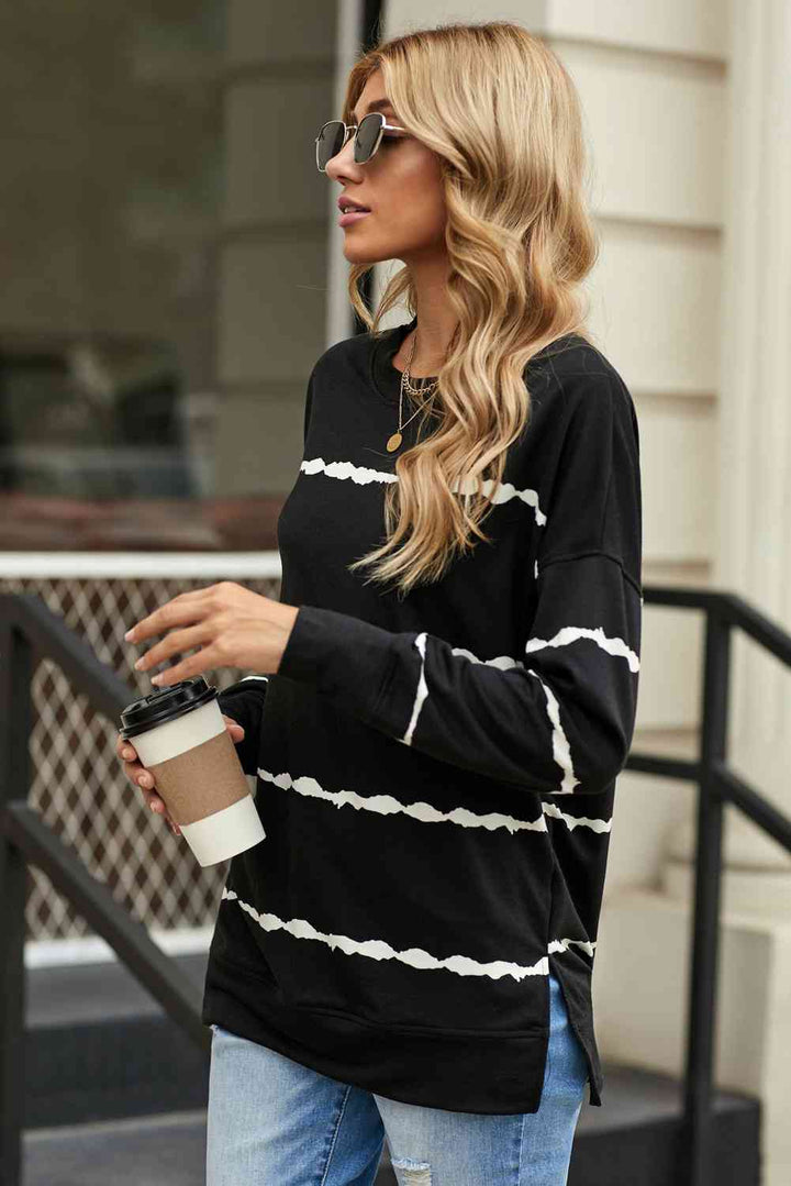 Striped Side Slit Round Neck Sweatshirt |1mrk.com