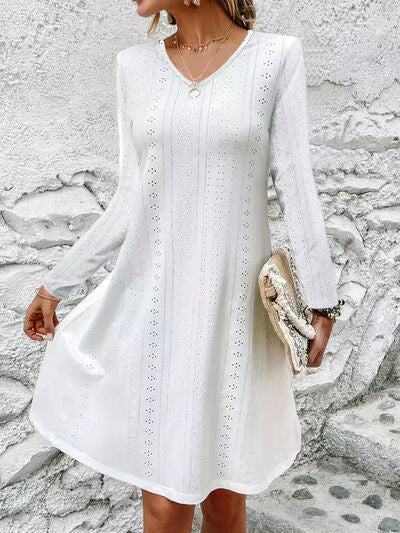 Eyelet V-Neck Long Sleeve Mini Dress |1mrk.com