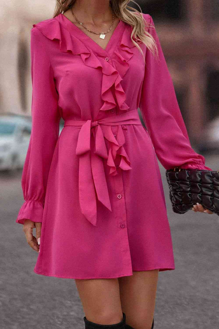 Ruffled Flounce Sleeve V-Neck Belted Dress |1mrk.com