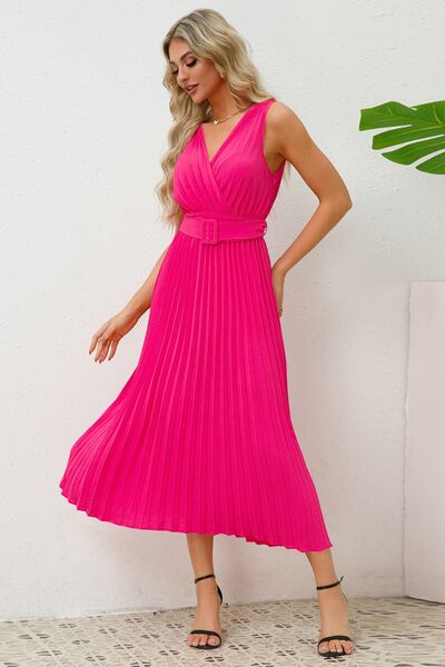 Surplice Sleeveless Midi Pleated Dress |1mrk.com