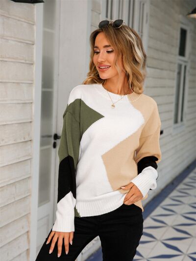 Color Block Round Neck Dropped Shoulder Sweater |1mrk.com