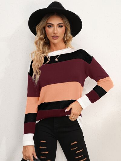 Striped Round Neck Dropped Shoulder Sweater |1mrk.com