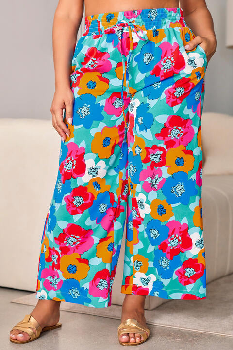 Plus Size Floral Drawstring Wide Leg Pants with Pockets | 1mrk.com