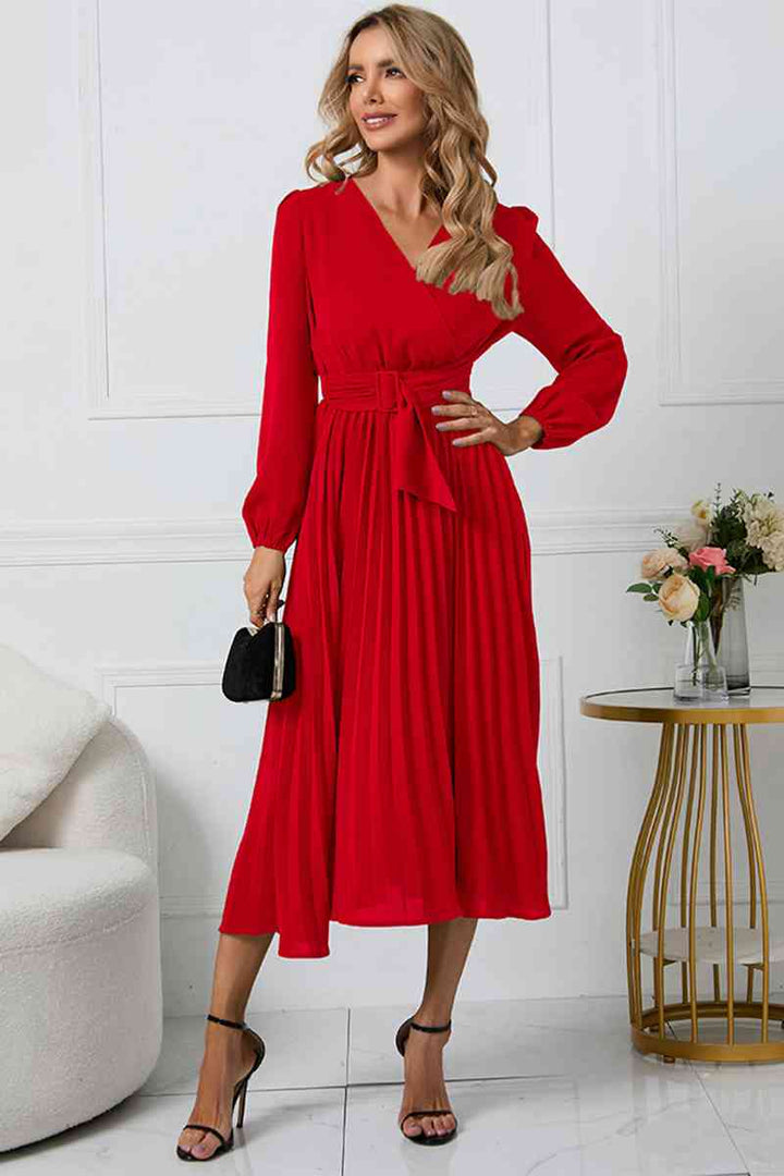 V-Neck Long Sleeve Tie Waist Midi Dress | 1mrk.com