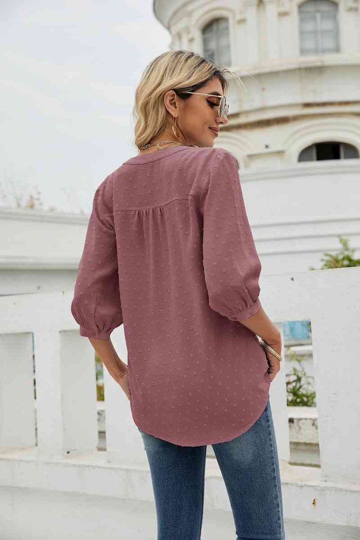 Swiss Dot Notched Neck Three-Quarter Sleeve Blouse | 1mrk.com