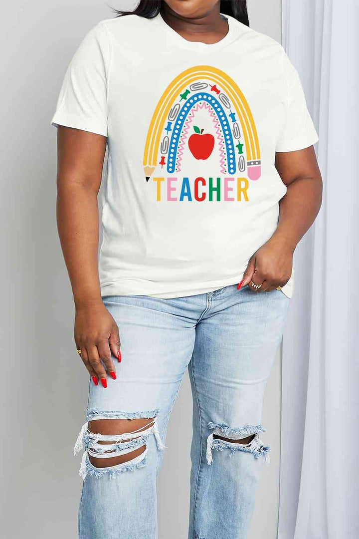 Simply Love Full Size TEACHER Rainbow Graphic Cotton Tee | 1mrk.com