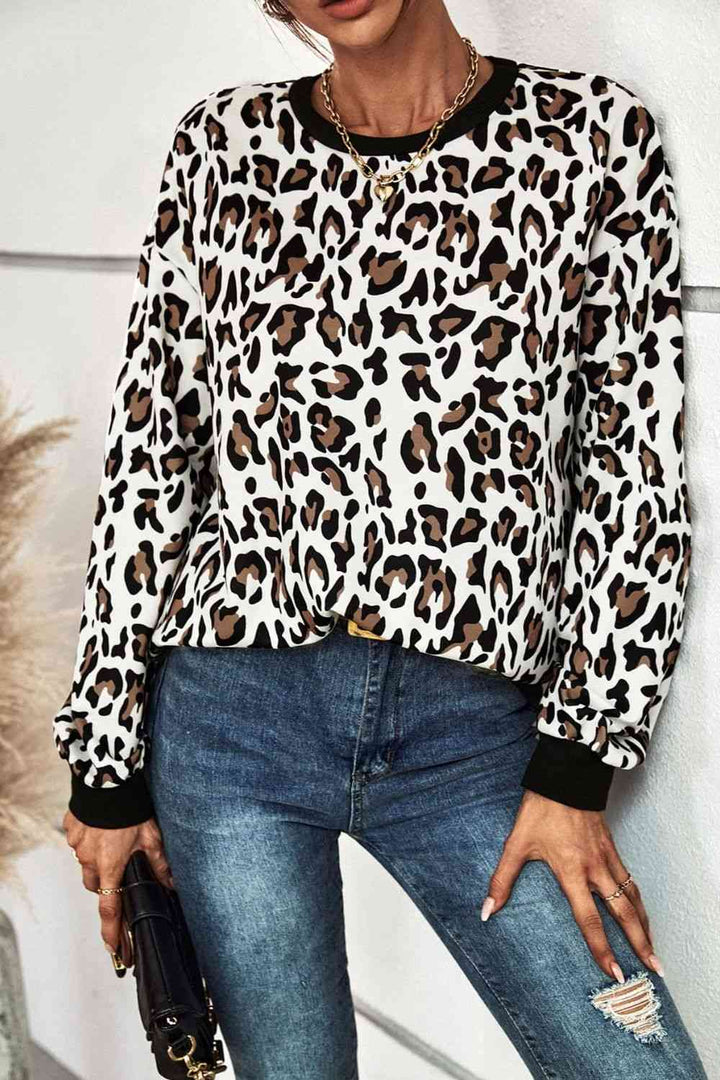 Leopard Round Neck Dropped Shoulder Sweatshirt |1mrk.com