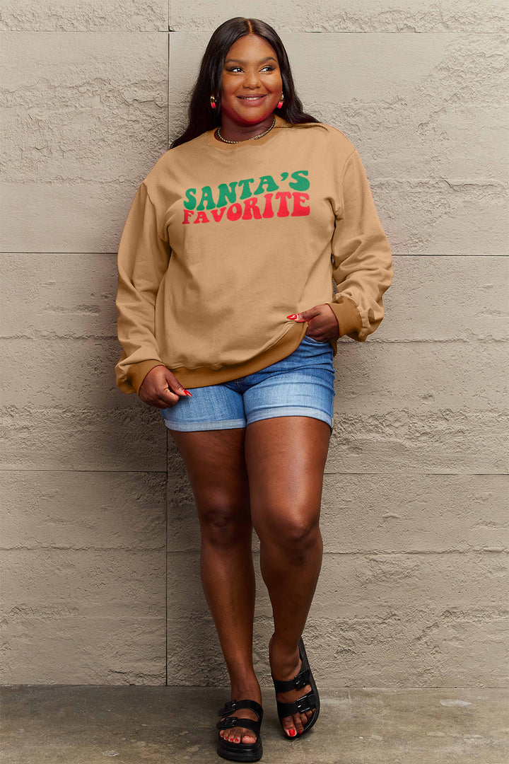 Simply Love Full Size SANTA'S FAVORITE Round Neck Sweatshirt | Trendsi