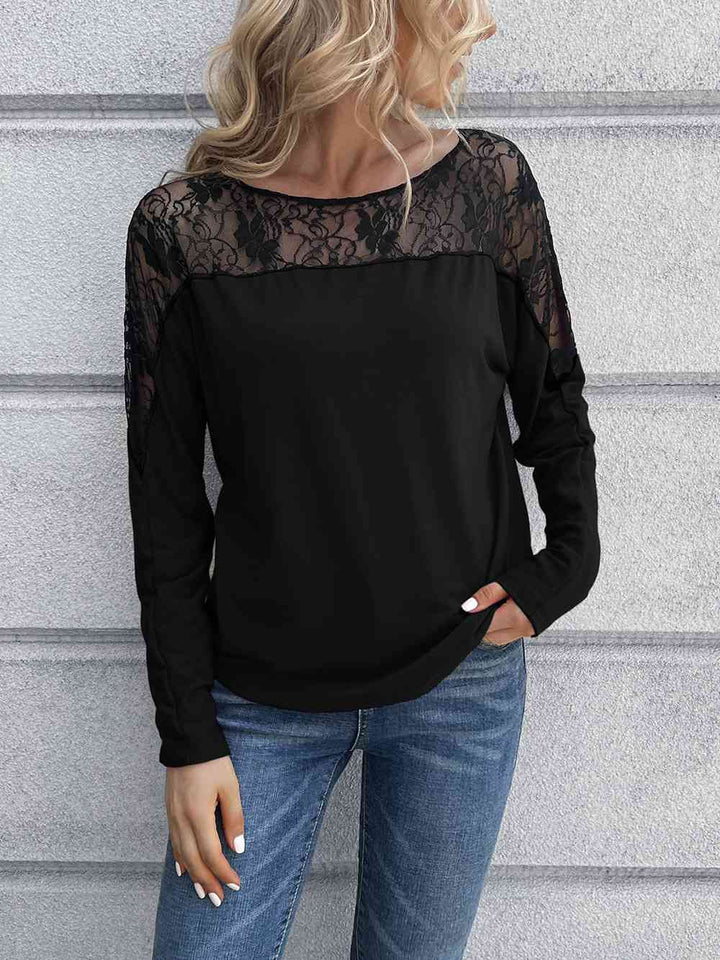 Lace Long Sleeve Round Neck Tee | 1mrk.com