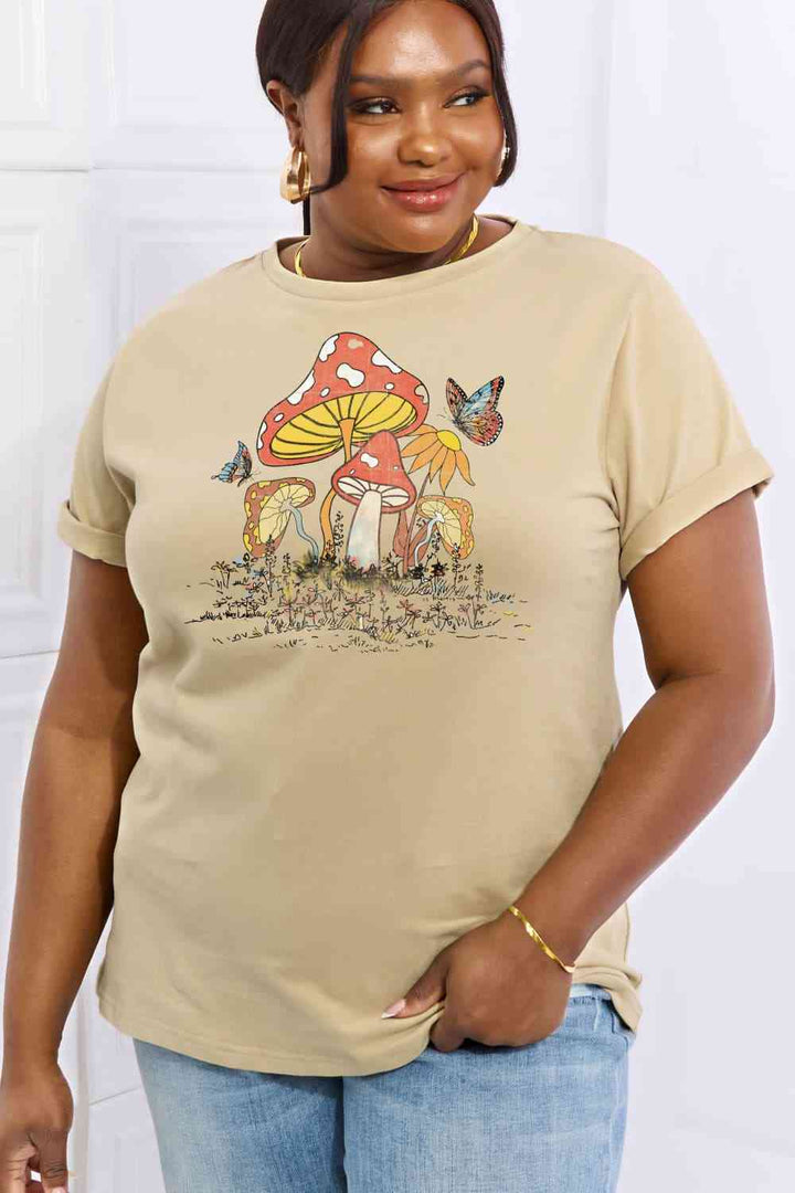 Simply Love Full Size Mushroom & Butterfly Graphic Cotton T-Shirt | 1mrk.com