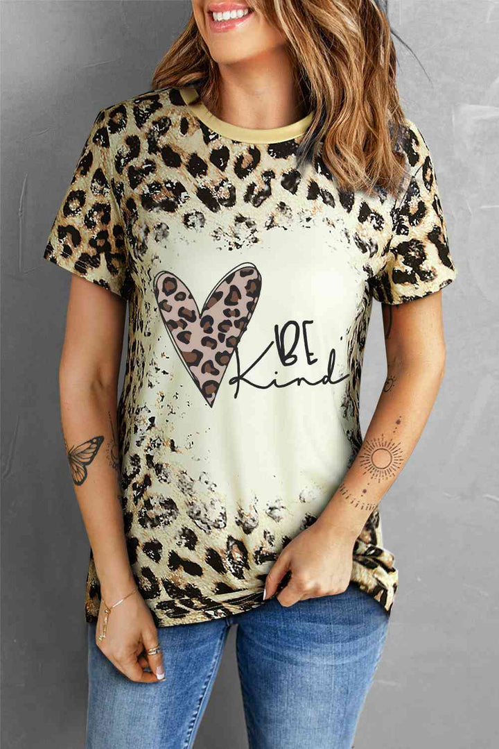 BE KIND Heart Graphic Leopard Round Neck Tee | 1mrk.com