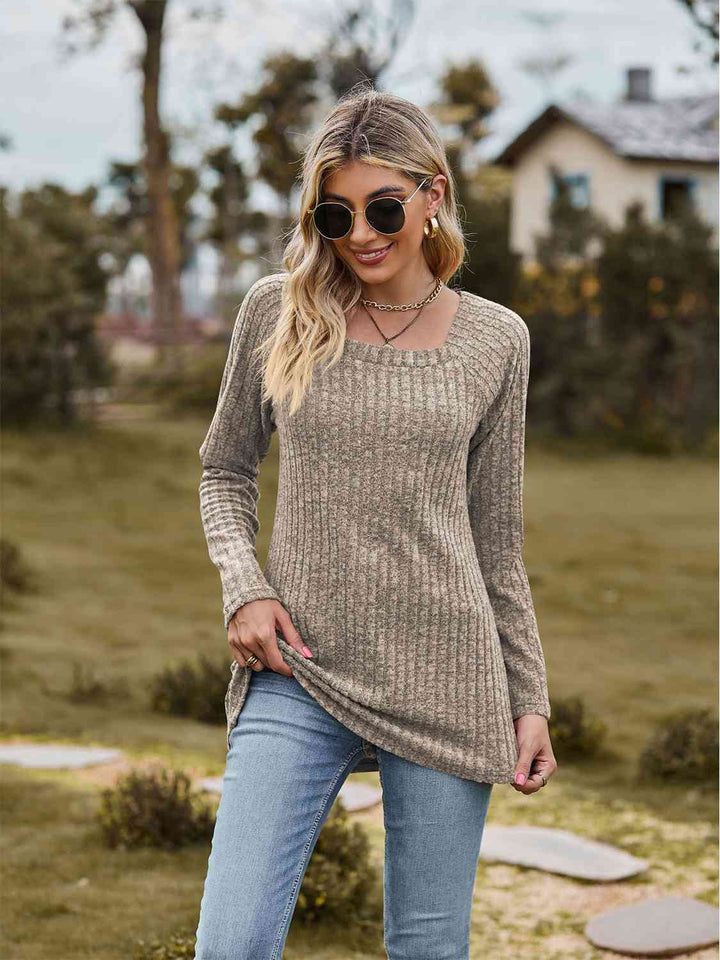 Full Size Ribbed Square Neck Long Sleeve T-Shirt | 1mrk.com