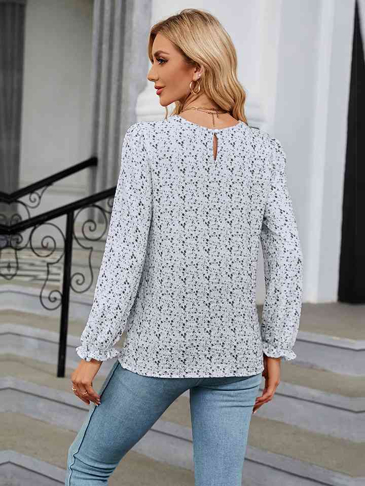 Printed Round Neck Flounce Sleeve Blouse | 1mrk.com