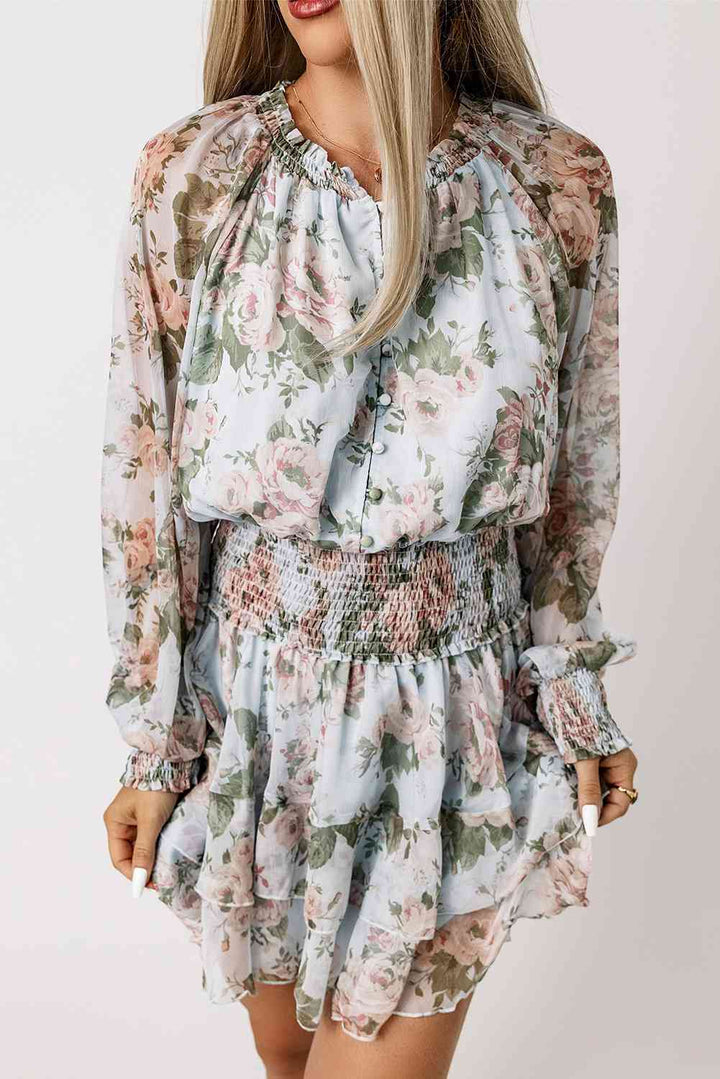 Floral Smocked Waist Layered Mini Dress |1mrk.com