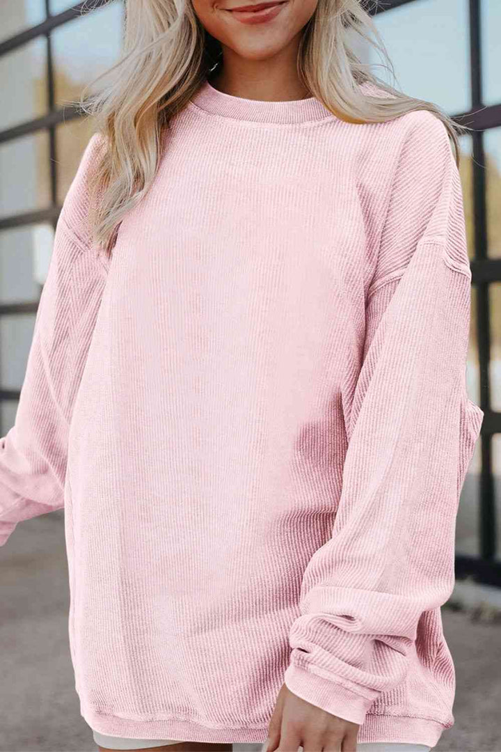 Ribbed Round Neck Drop Shoulder Sweatshirt |1mrk.com