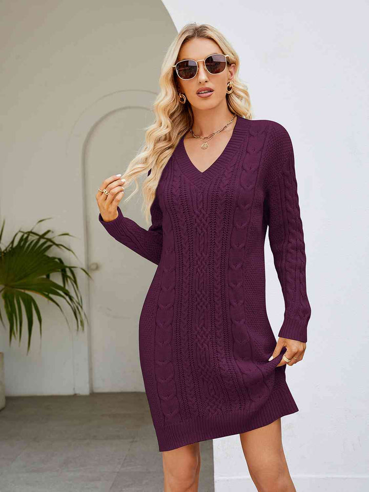 Cable-Knit V-Neck Mini Sweater Dress | 1mrk.com