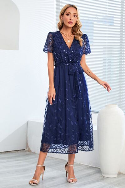 Sequin Leaf Embroidery Tie Front Short Sleeve Dress |1mrk.com