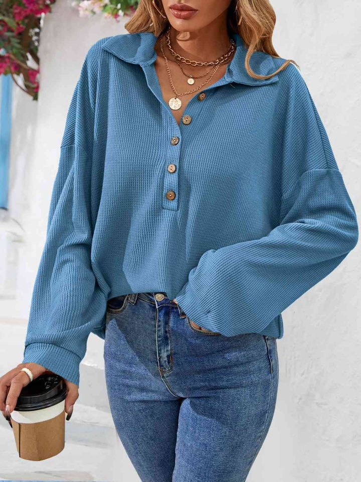 Half Button Collared Neck Long Sleeve Top | 1mrk.com