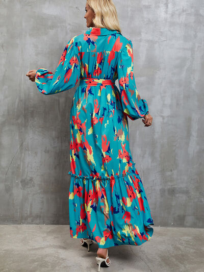 Frill Tied Printed Balloon Sleeve Dress |1mrk.com