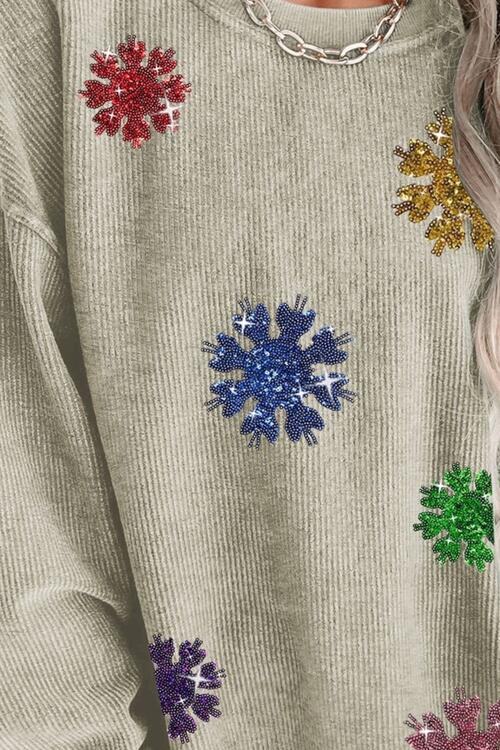 Sequin Snowflake Round Neck Sweatshirt | Trendsi