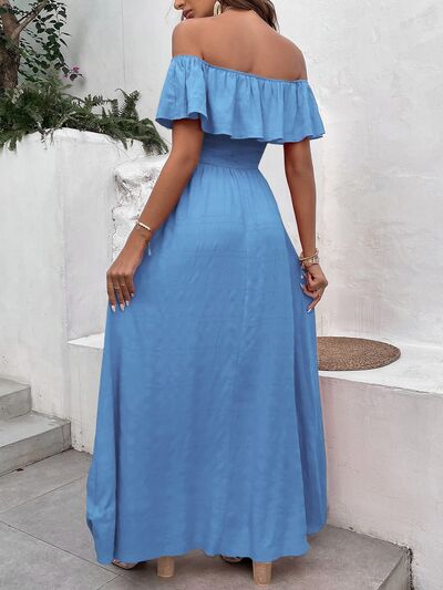 Smocked Ruffled Off-Shoulder Maxi Dress |1mrk.com