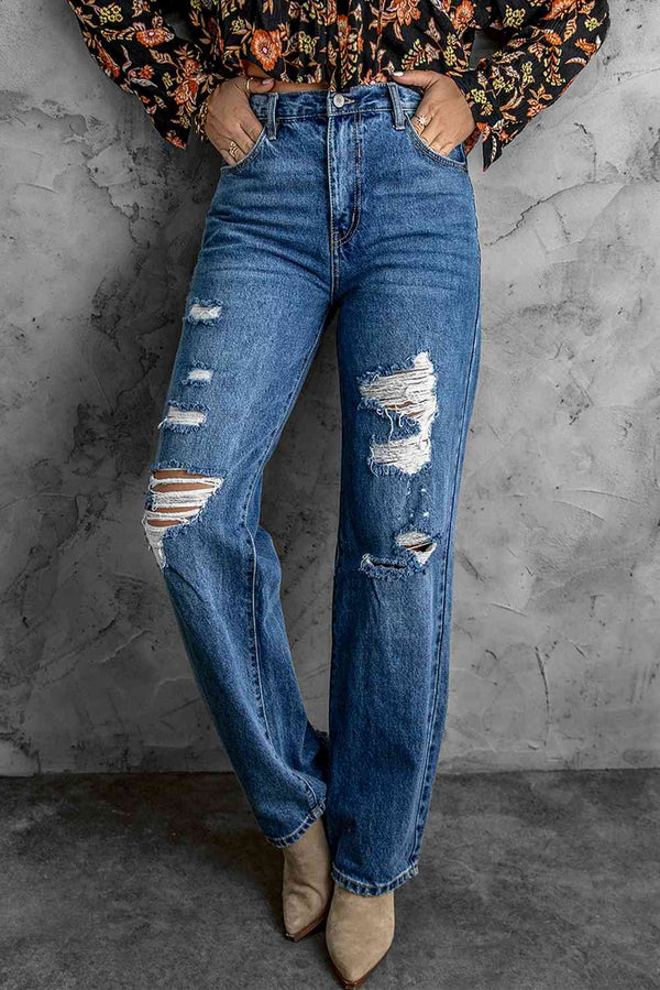Distressed High Waist Jeans with Pockets | 1mrk.com