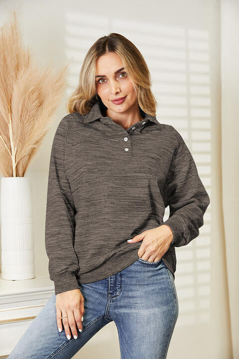 Ninexis Full Size Quarter-Button Collared Sweatshirt |1mrk.com