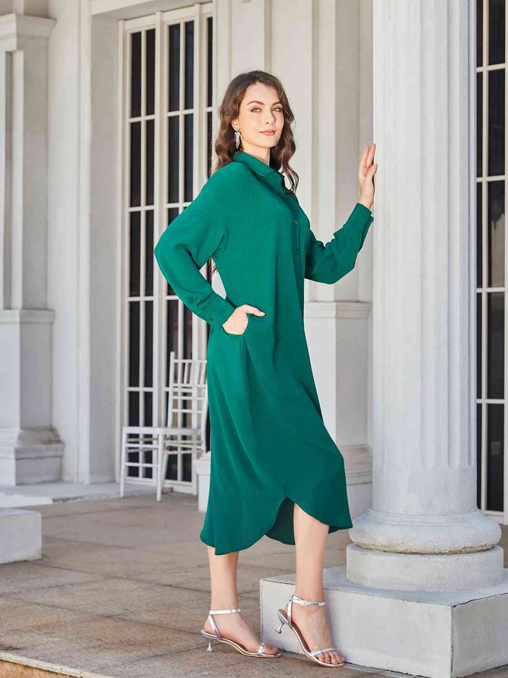 Collared Neck Long Sleeve Midi Shirt Dress |1mrk.com