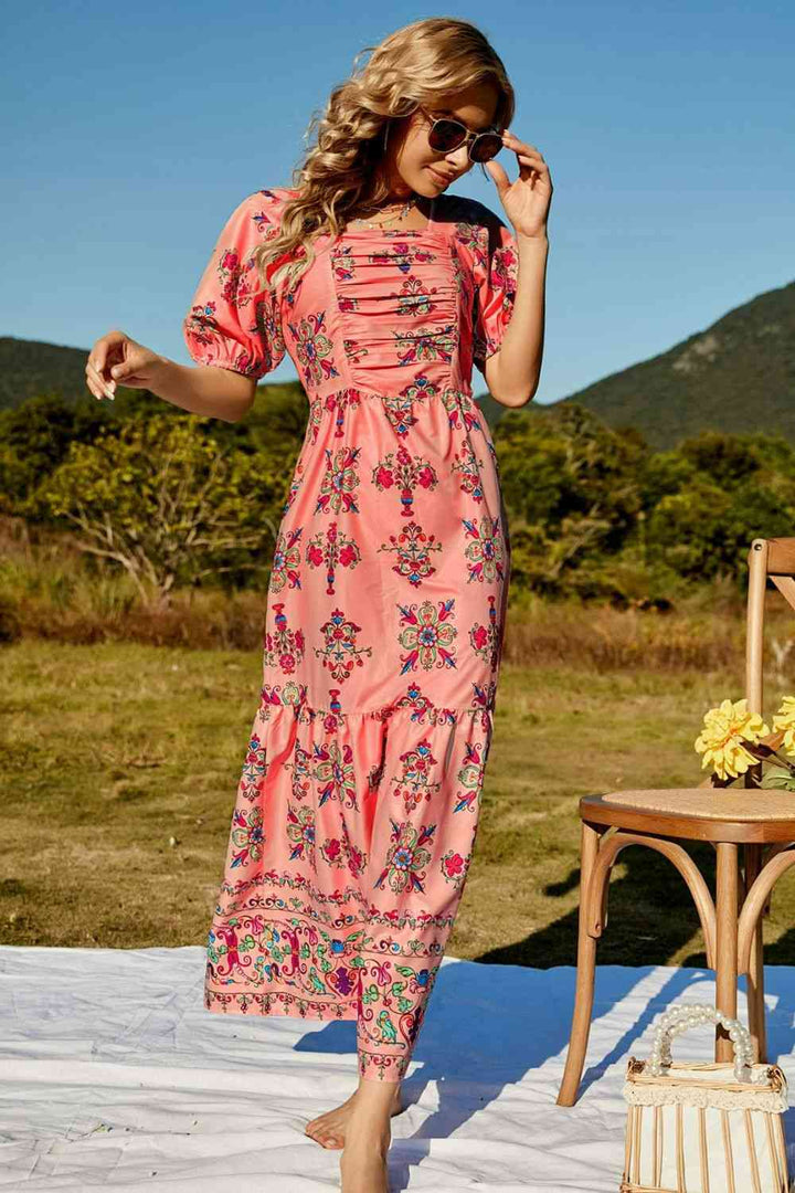 Floral Ruched Puff Sleeve Tiered Maxi Dress | 1mrk.com