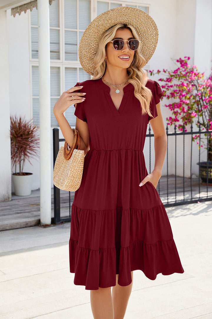 Ruched Notched Cap Sleeve Dress | Trendsi