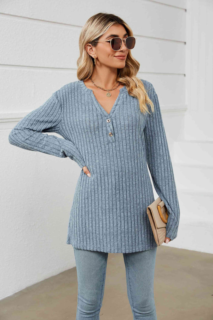 Notched Neck Ribbed Long Sleeve T-Shirt | 1mrk.com